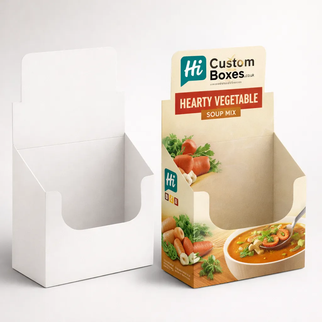 Two cardboard display trays, one plain white and one featuring a colourful hearty vegetable soup design. class=